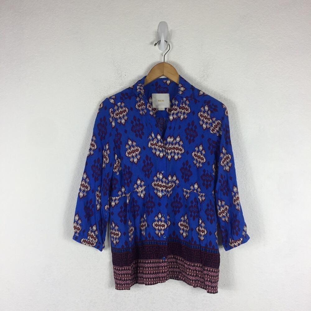 Anthropologie Maeve Woodland Walk Blue Boho Popover Button Top Size 8 - Picture 3 of 15